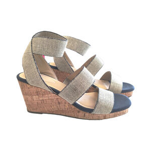 C Comfort Navy Blue Cream Espadrille Wedge Heel Sandals Size 10 M